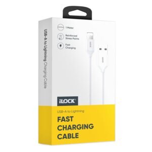 iLOCK كابل الشحن والمزامنة | 1 متر | شحن سريع ومزامنة البيانات | تصميم متين من مادة PVC (USB-A إلى Lightening، أبيض)